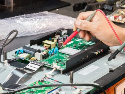 Smart TV home screen being tested after repair
